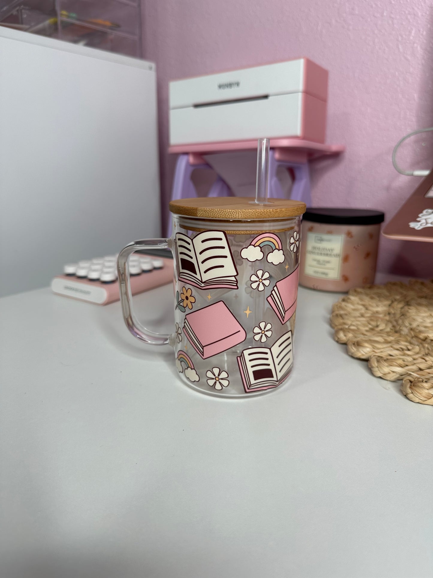 Floral Book Lover Glass Cup / Books and Coffee Cup / Gifts for Her / Book Lover Gifts / Iced Coffee Cup / Book Gifts
