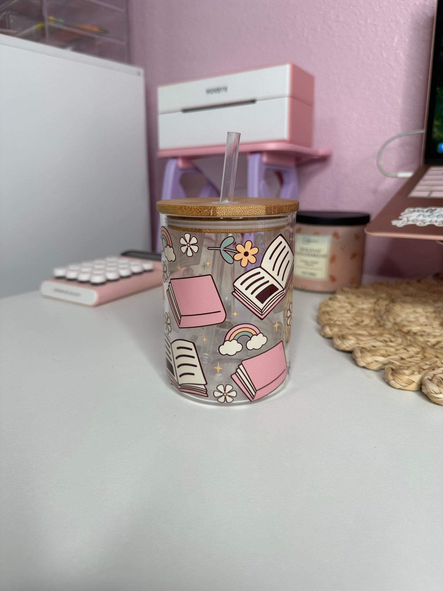Floral Book Lover Glass Cup / Books and Coffee Cup / Gifts for Her / Book Lover Gifts / Iced Coffee Cup / Book Gifts