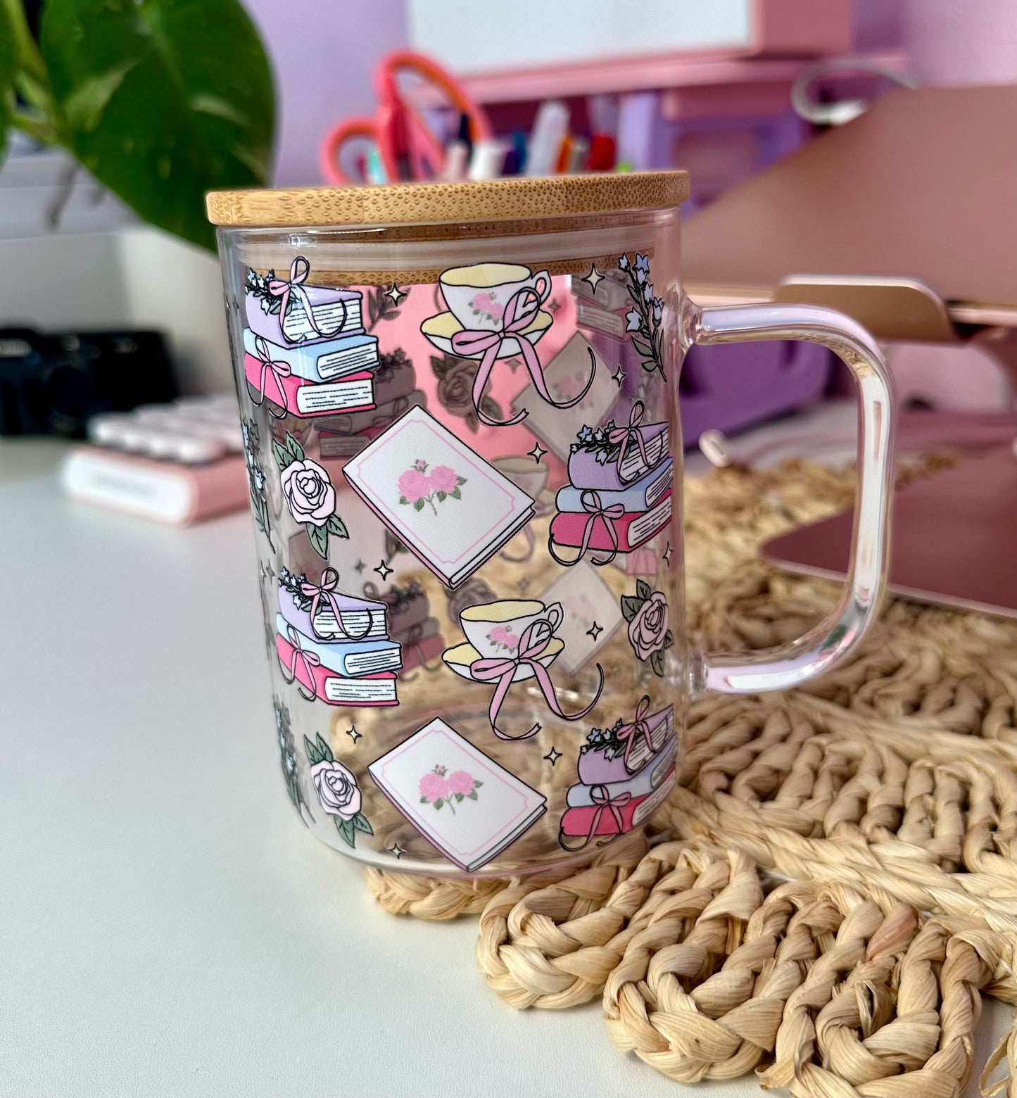 Floral Book Lover Glass Cup / Books and Coffee Cup / Gifts for Her / Book Lover Gifts / Iced Coffee Cup / Book Gifts description