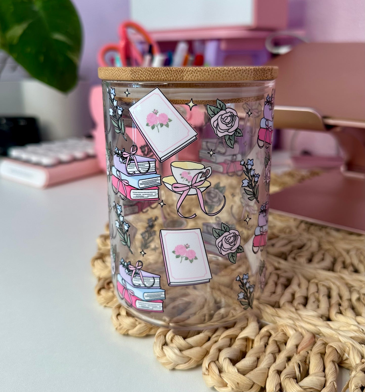 Floral Book Lover Glass Cup / Books and Coffee Cup / Gifts for Her / Book Lover Gifts / Iced Coffee Cup / Book Gifts description