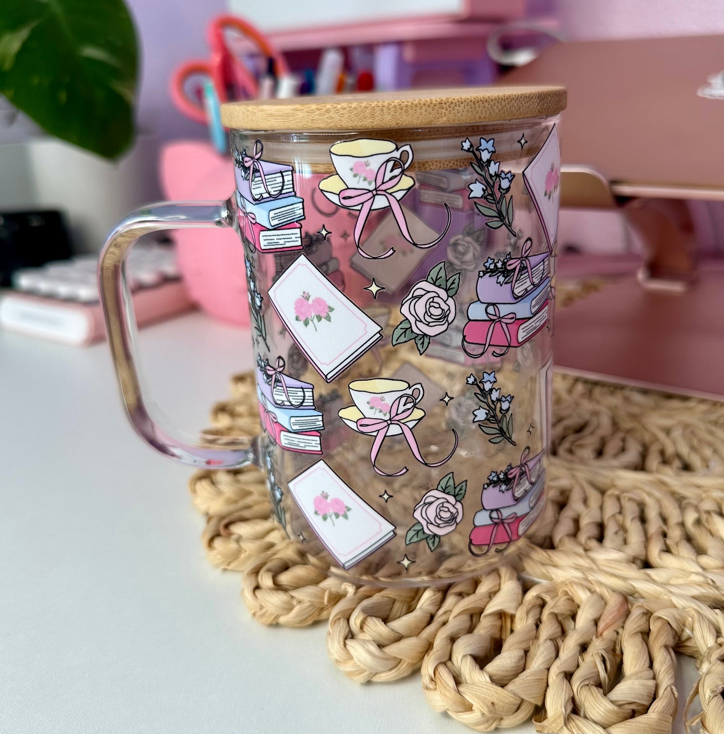 Floral Book Lover Glass Cup / Books and Coffee Cup / Gifts for Her / Book Lover Gifts / Iced Coffee Cup / Book Gifts description
