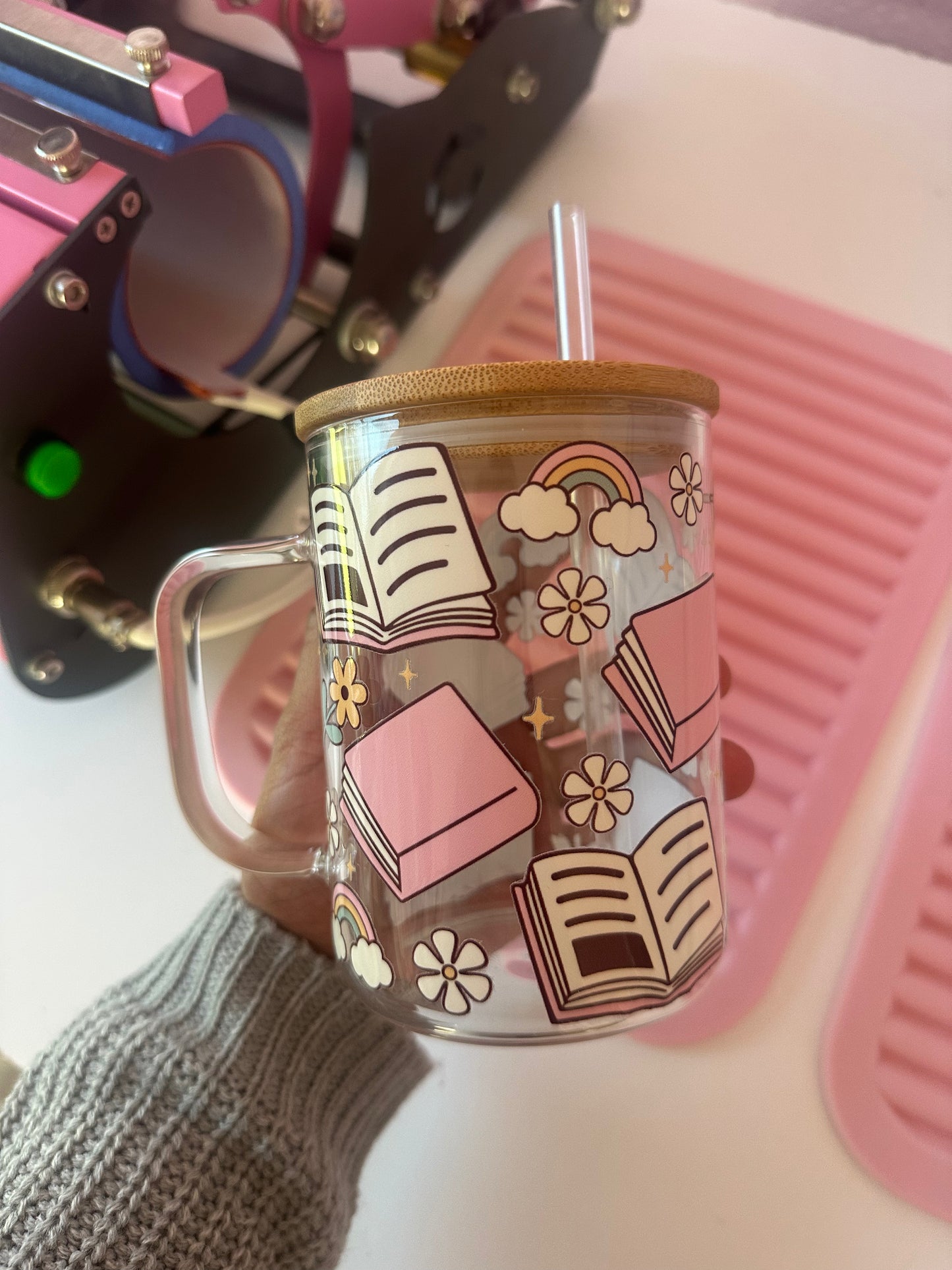 Floral Book Lover Glass Cup / Books and Coffee Cup / Gifts for Her / Book Lover Gifts / Iced Coffee Cup / Book Gifts