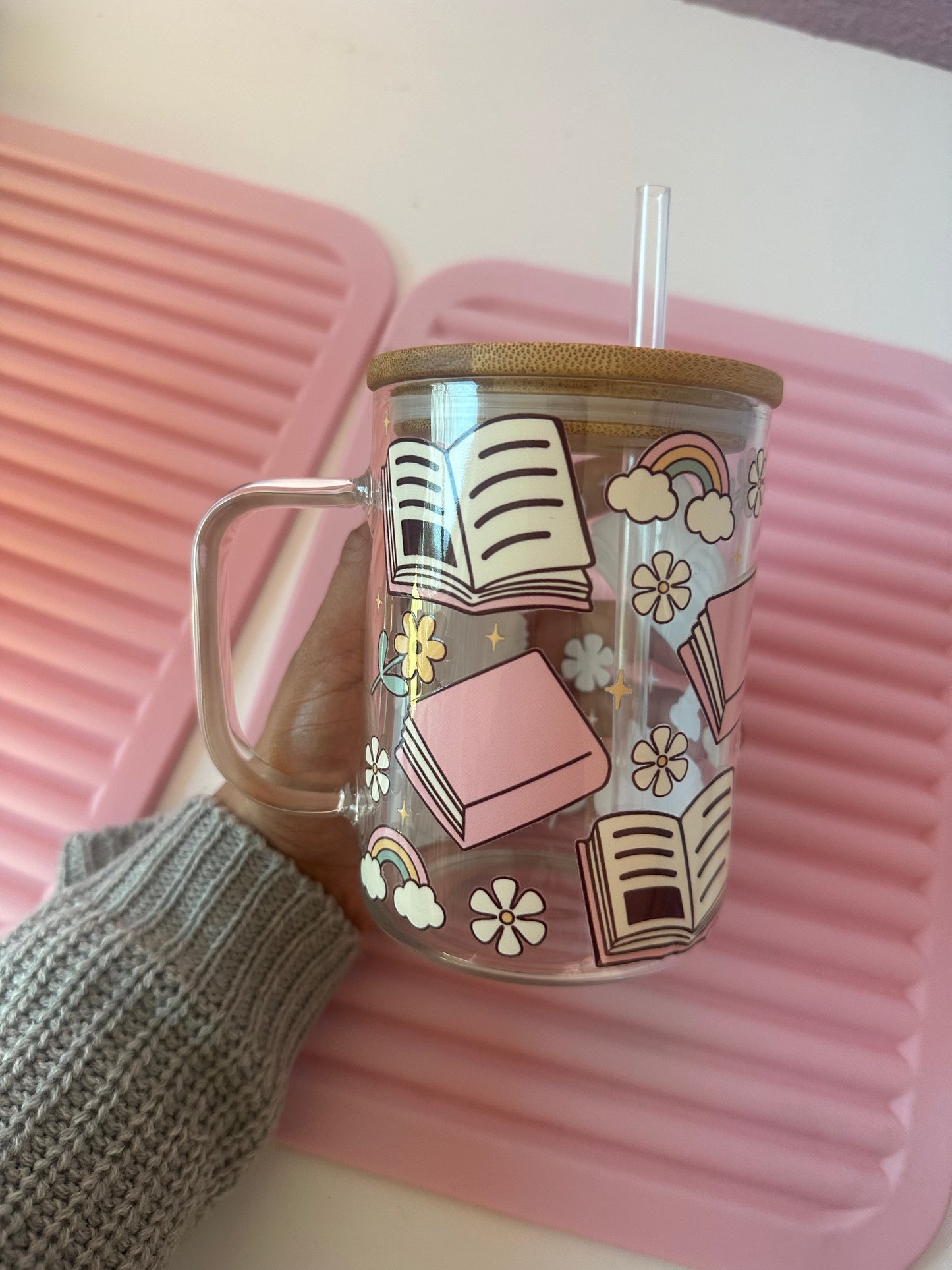Floral Book Lover Glass Cup / Books and Coffee Cup / Gifts for Her / Book Lover Gifts / Iced Coffee Cup / Book Gifts