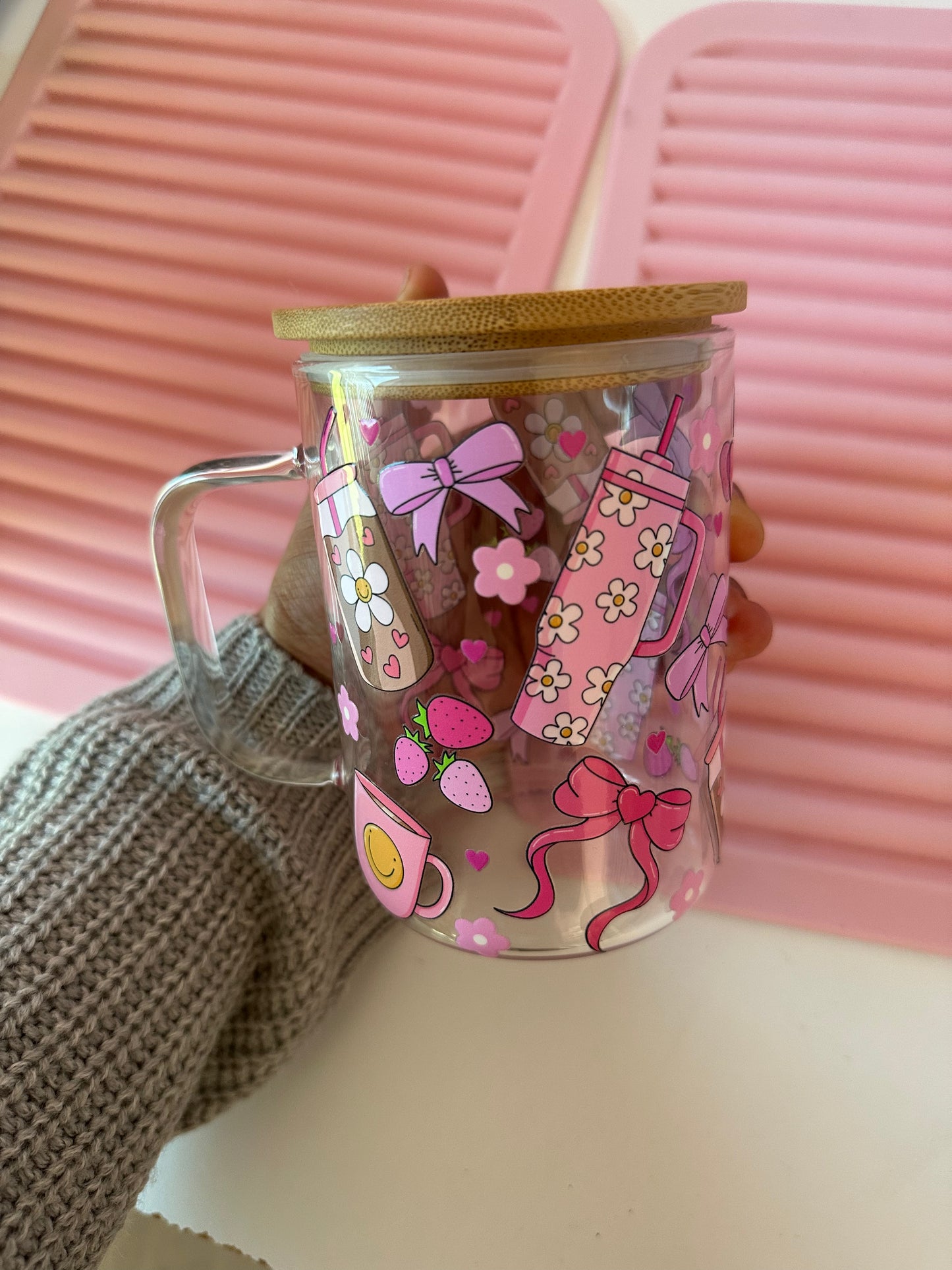 Bows Glass Mug| Coquette Glass mug| Valentines Glass mug|Bows Cup| Glass cup for her| Gift for Valentine’s Day
