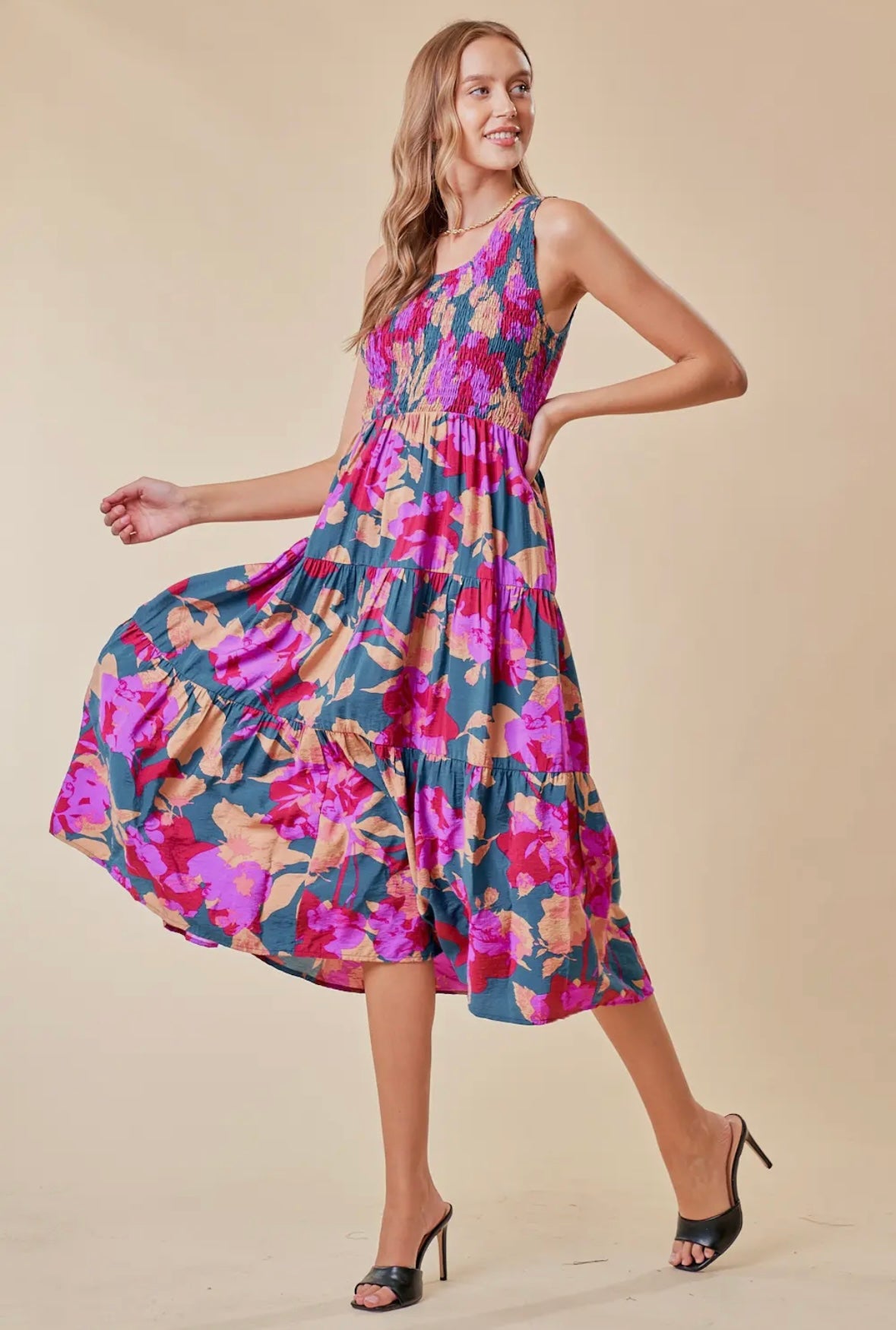 Floral Smocked Tiered Midi Dress