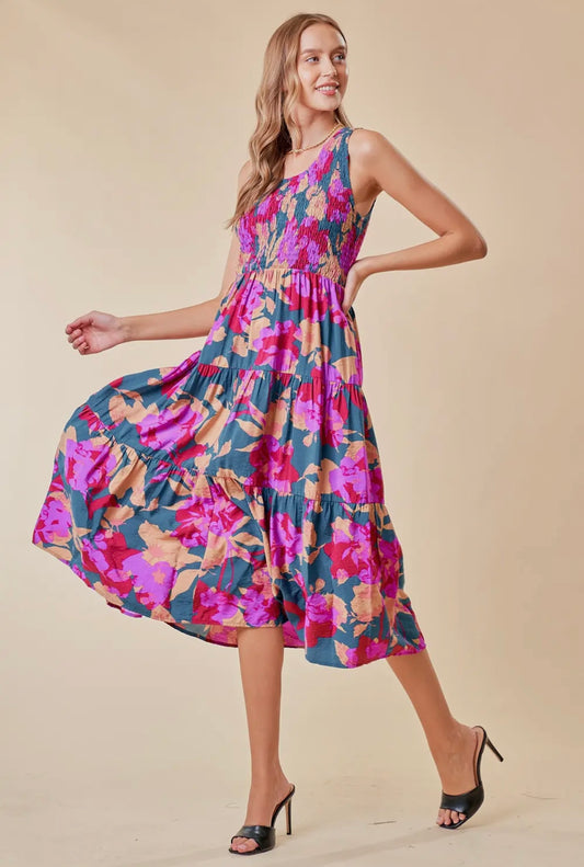 Floral Smocked Tiered Midi Dress
