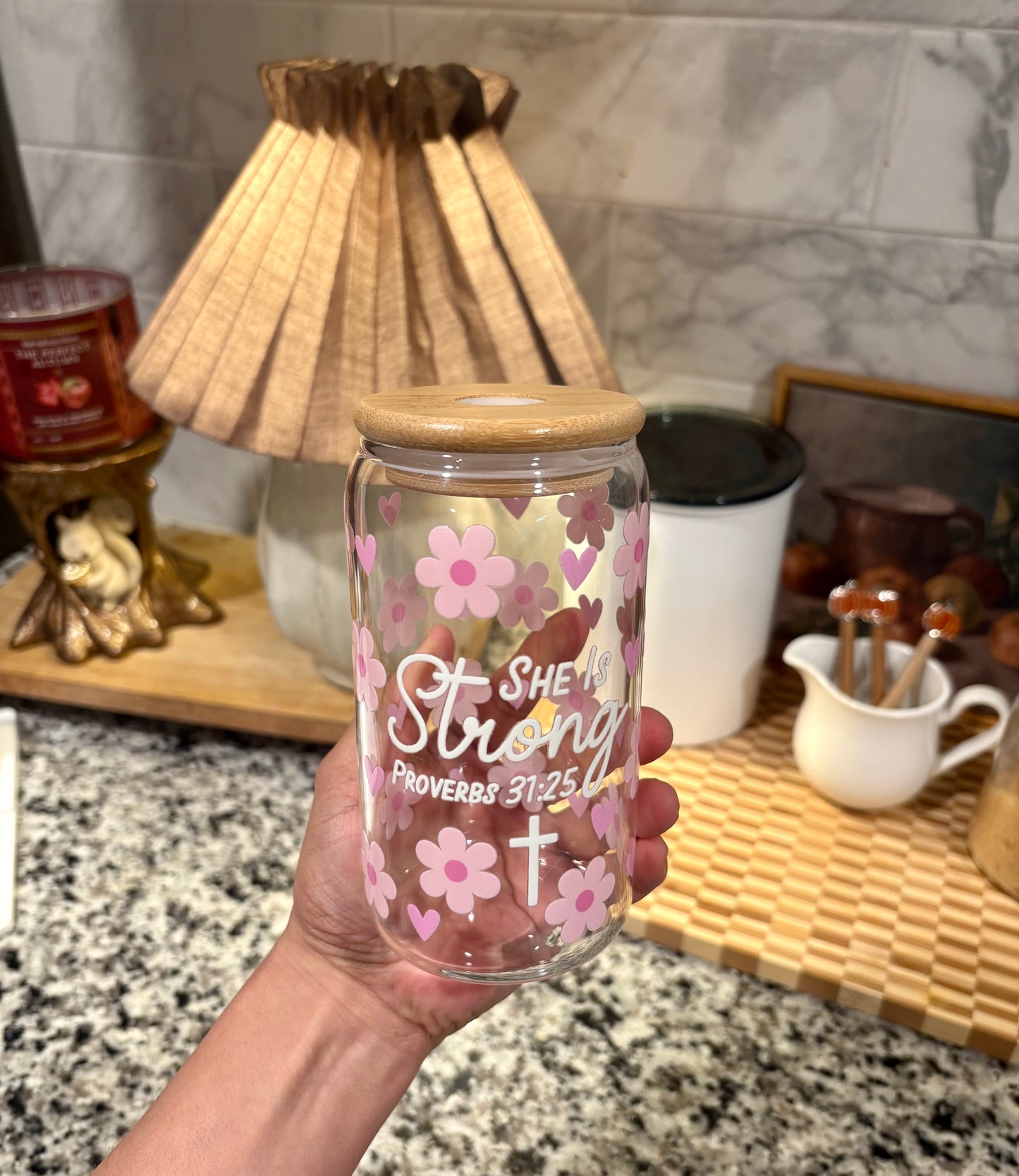 She is Strong Proverbs 31:25 Glass Cup