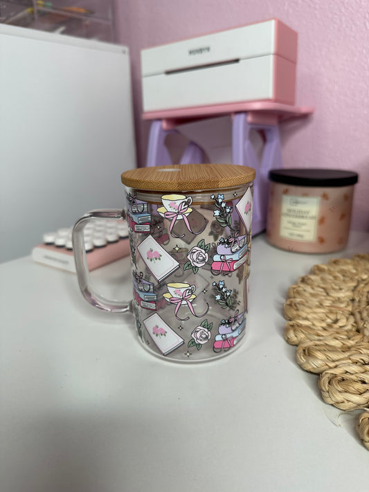 Floral Book Lover Glass Cup / Books and Coffee Cup / Gifts for Her / Book Lover Gifts / Iced Coffee Cup / Book Gifts description