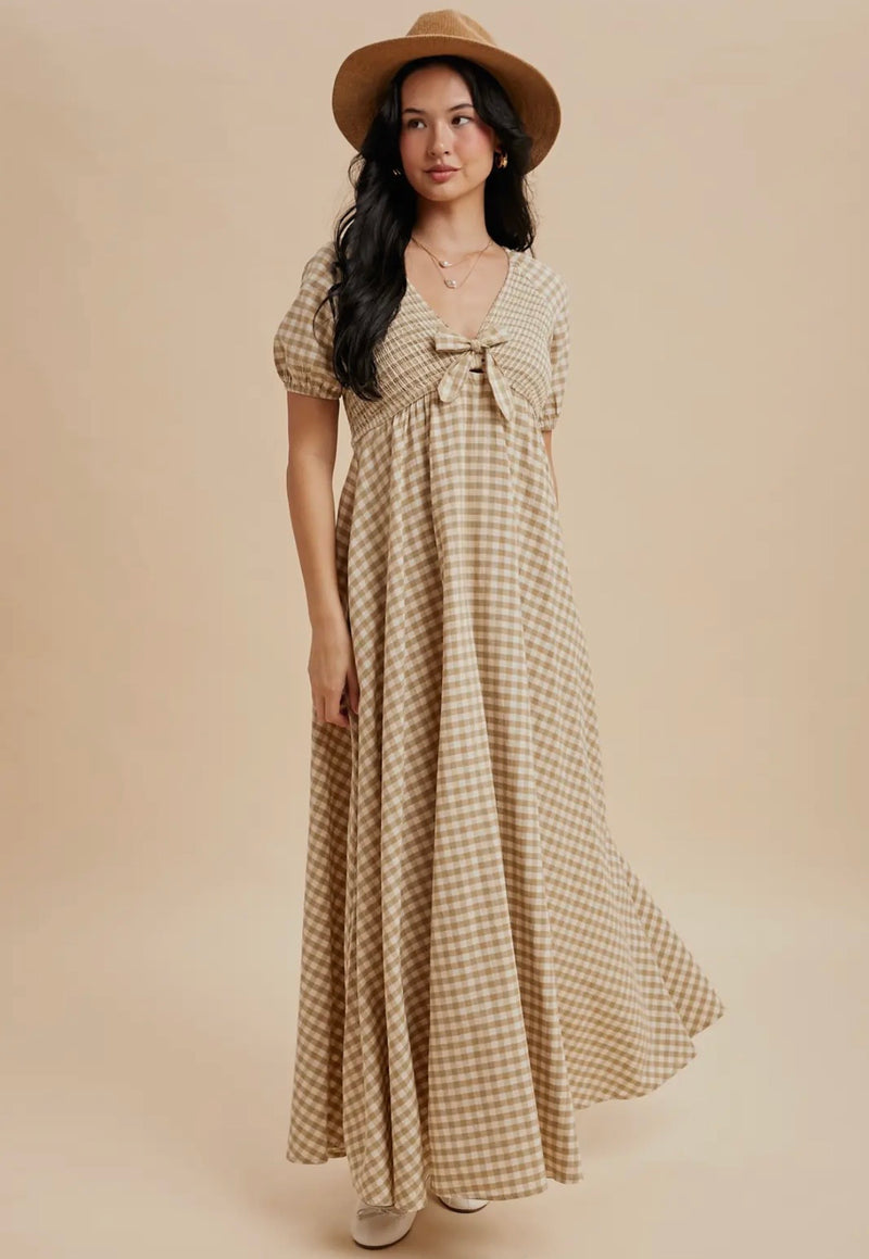 Women’s Smocked Gingham Maxi Dress with Puff Sleeves