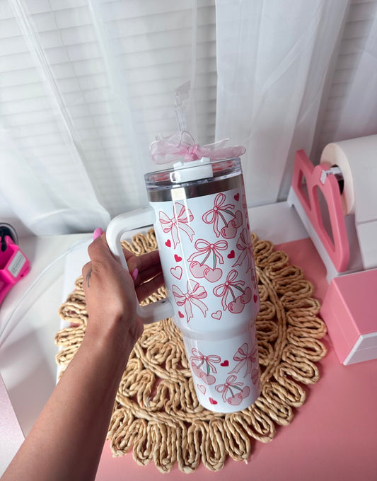 Coquette Bows and Cherries 40oz Tumbler with Handle | Aesthetic Stainless Steel Cup | Cute Girly Gift for Her