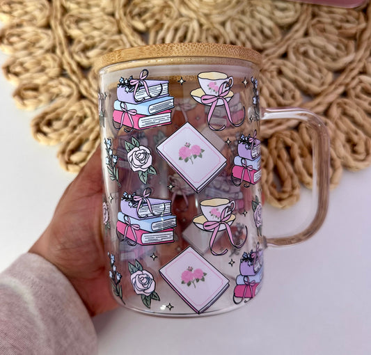 Floral Book Lover Glass Cup / Books and Coffee Cup / Gifts for Her / Book Lover Gifts / Iced Coffee Cup / Book Gifts description