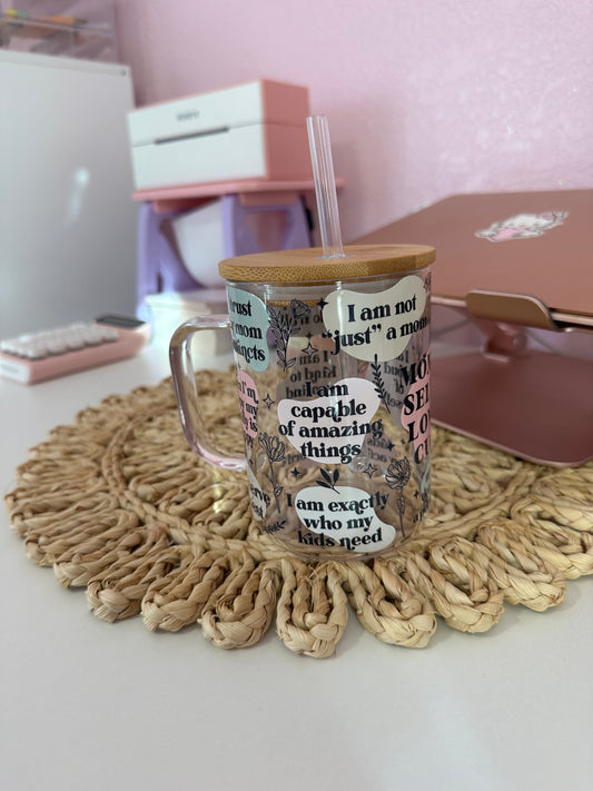 Mom Daily Affirmations Glass Tumbler Cup, Inspirational cup gift for Mom, Self Love Iced Coffee Cup, Mothers day gift from children