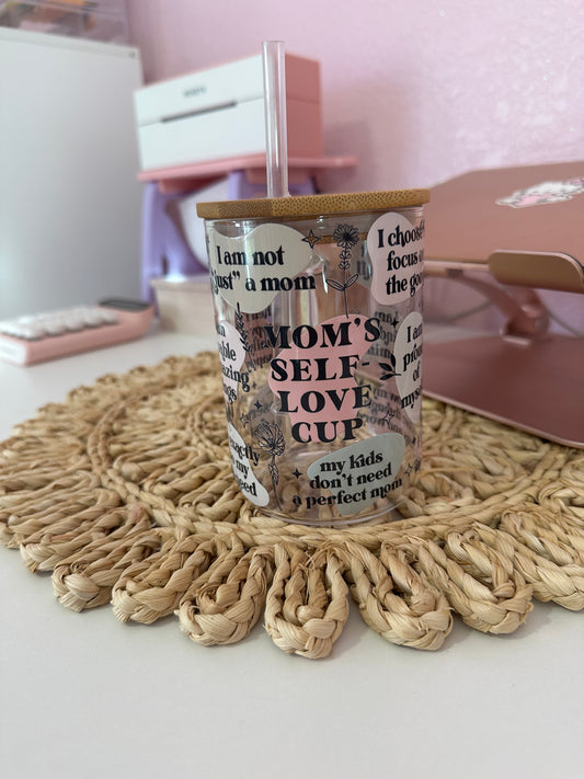 Mom Daily Affirmations Glass Tumbler Cup, Inspirational cup gift for Mom, Self Love Iced Coffee Cup, Mothers day gift from children