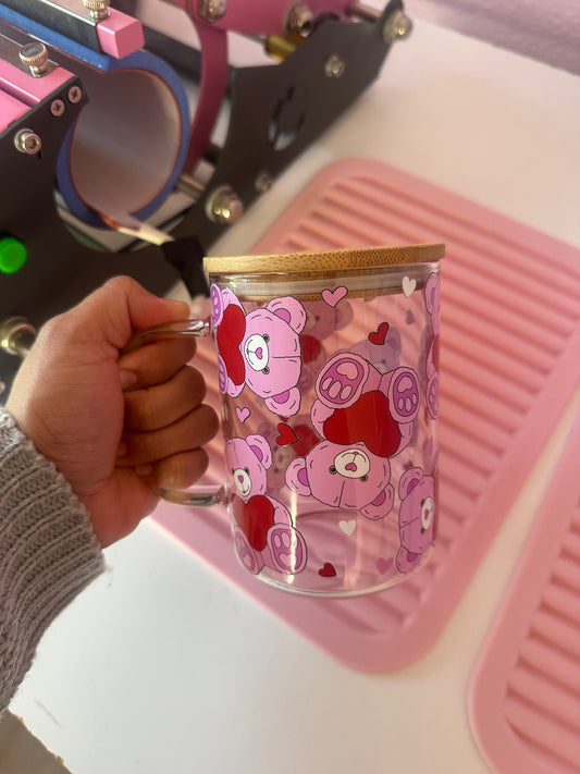 Valentines Bear Glass Cup /  Valentines Coffee Cup / Gifts for Her / Lover Gifts / Iced Coffee Cup / Valentines Gifts